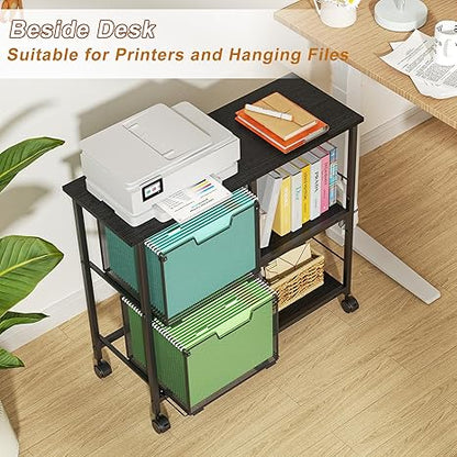 2 Drawer Lateral File Cabinet with Wheels and Storage Shelf – Black