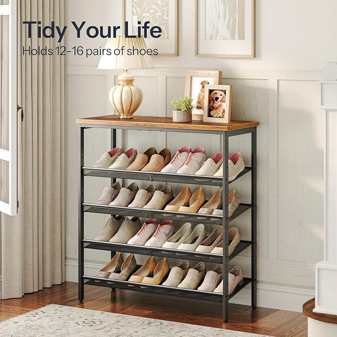 5-Tier Shoe Rack with Adjustable Shelves, Metal Storage Organizer for Entryway or Closet – Rustic Brown