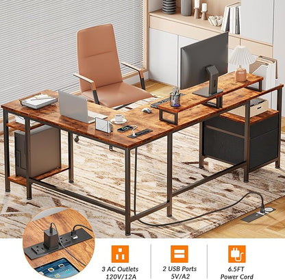 L-Shaped Computer Desk with Power Outlet, File Drawer, Monitor Stands & Storage Shelves for Home Office or Gaming