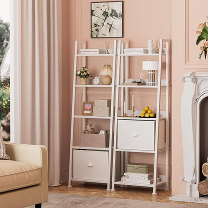 5-Tier Ladder Shelf with Drawer, Tall Narrow Bookshelf Storage Rack for Living Room, Bedroom, Home Office – White