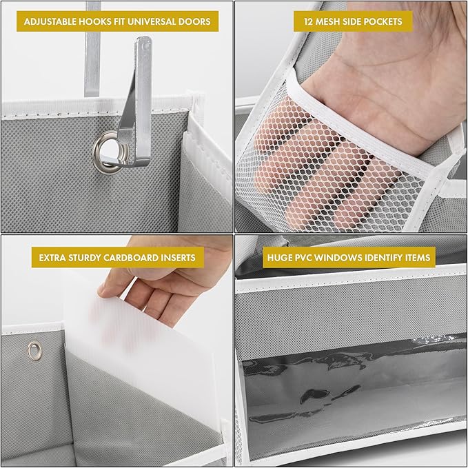 Over the Door Organizer, 2-Pack Hanging Storage with 6 Large Pockets & 12 Mesh Pockets, Closet Door Organizer for Bedroom, Bathroom, Nursery – Dark Gray