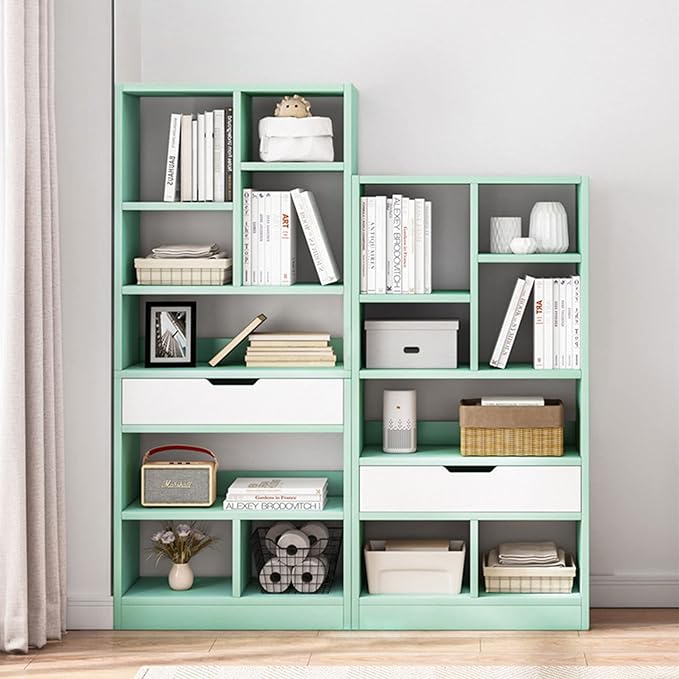 Wooden 8-Cube Bookcase with Drawer, Freestanding Storage Cabinet Organizer, Tiffany Green