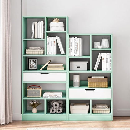 Wooden 8-Cube Bookcase with Drawer, Freestanding Storage Cabinet Organizer, Tiffany Green