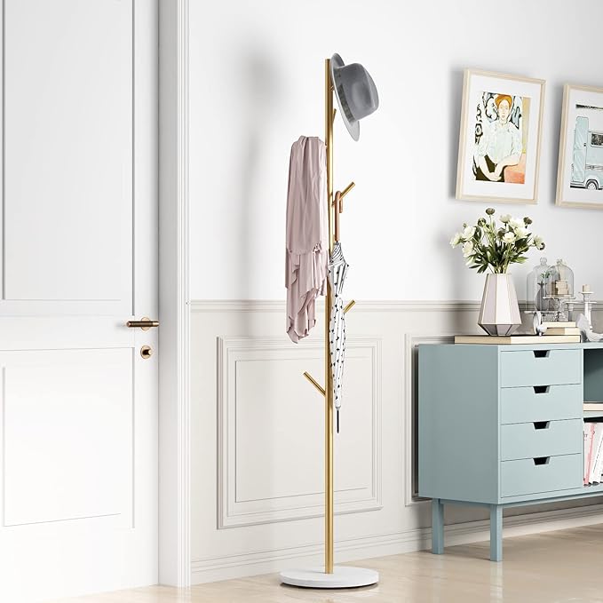 Gold Metal Coat Rack with Marble Base – Freestanding Entryway Stand with Hooks for Clothes, Hats & Bags