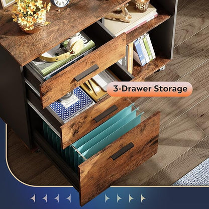 3 Drawer Mobile File Cabinet with Shelves, Wood Lateral Filing Cabinet and Printer Stand for Home Office, Rustic Brown