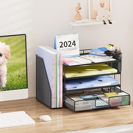 4-Tier Desktop File Organizer with Drawer and Pen Holders – Desk Organizer for Office Supplies (Black)
