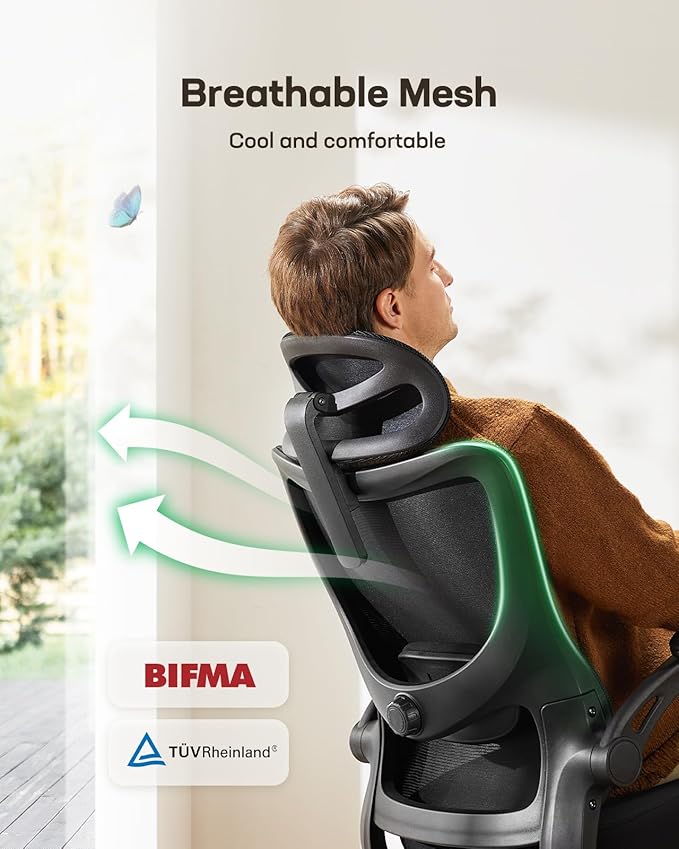 Ergonomic Office Chair with High Back, Mesh, Adjustable Lumbar Support, 3D Armrests, Headrest, and Swivel Wheels