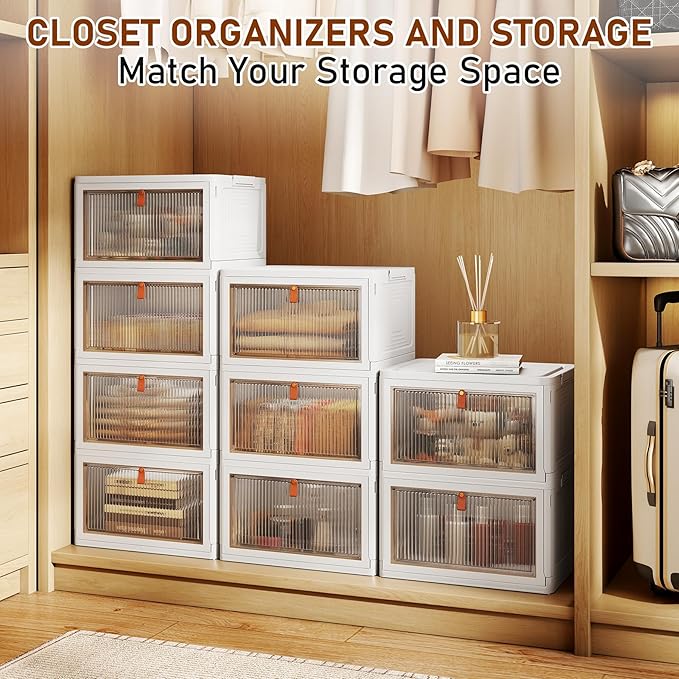 Stackable 4-Tier Storage Bins with Lids and Wheels, Foldable Plastic Containers for Home & Office