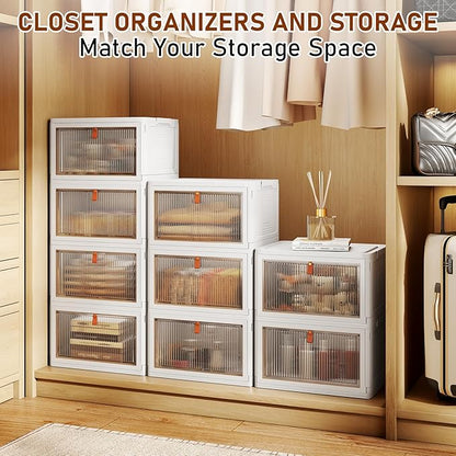 Stackable 4-Tier Storage Bins with Lids and Wheels, Foldable Plastic Containers for Home & Office