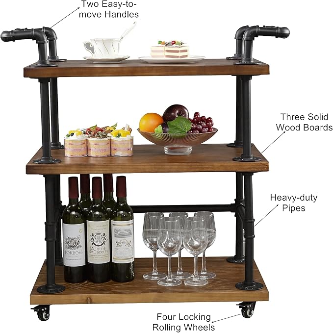 Industrial Bar Cart with Wine Rack and Shelves on Wheels