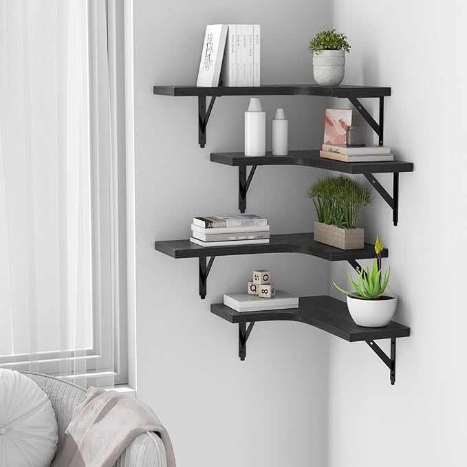 Corner Floating Shelves Set of 4 – Rustic Wood Wall Storage & Display (Black)