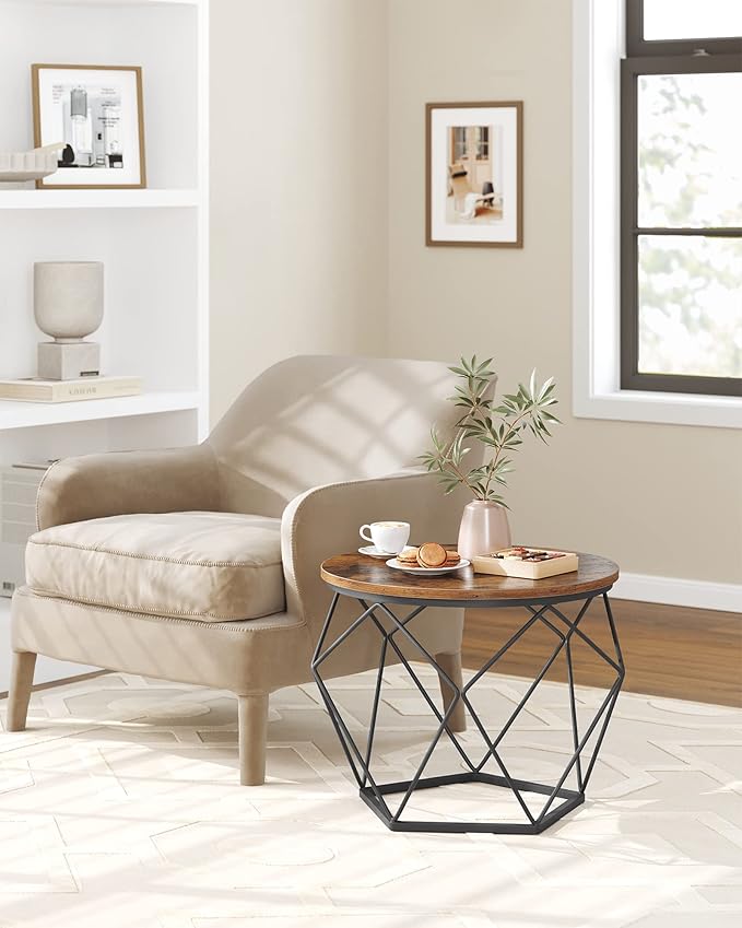 Round Coffee Table Set of 2 with Steel Frame, Side End Tables for Living Room, Bedroom, Office, Rustic Brown and Black