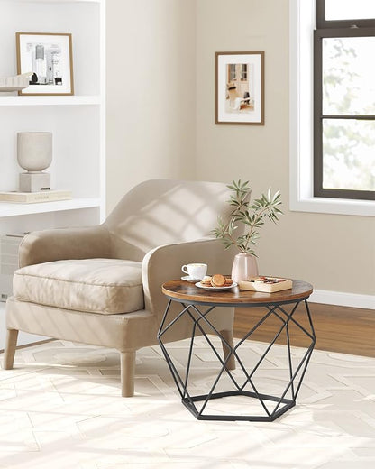 Round Coffee Table Set of 2 with Steel Frame, Side End Tables for Living Room, Bedroom, Office, Rustic Brown and Black