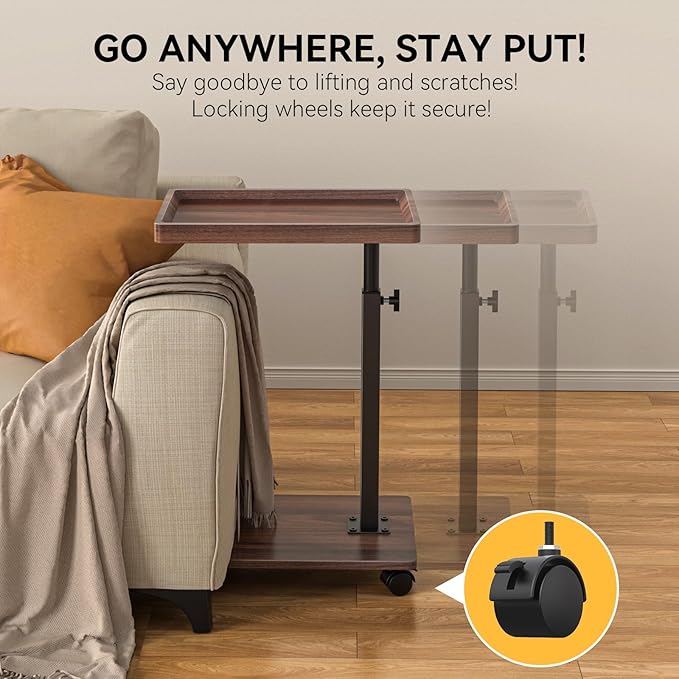 Adjustable C-Shaped End Table with Swivel TV Tray – Walnut Brown