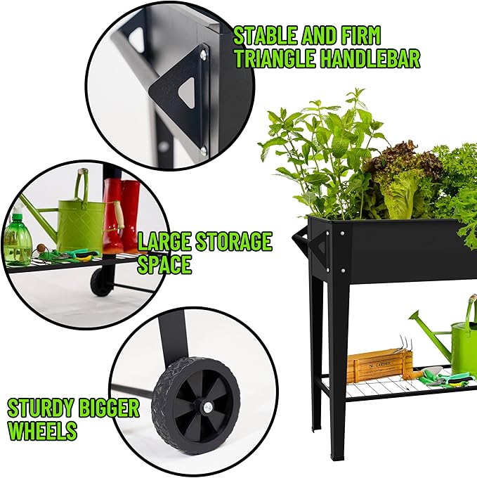 Raised Garden Bed with Wheels & Shelf, 32" Tall Steel Planter Box for Vegetables & Herbs, 400 lbs Capacity