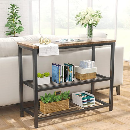 32" Industrial Console Table with Double Mesh Shelves for Entryway & Living Room