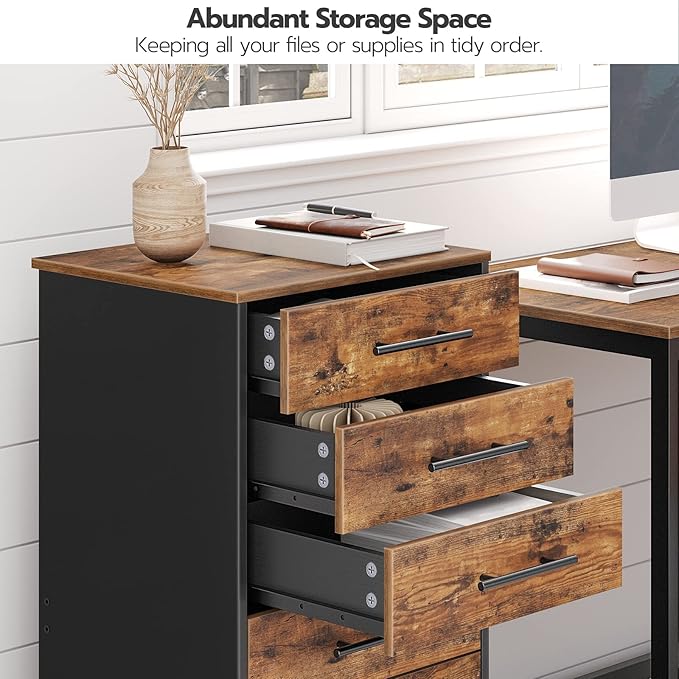 7-Drawer Wooden File Cabinet with Mobile Storage – Rustic Brown & Black