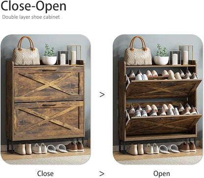 Freestanding Shoe Cabinet with 2 Flip Drawers and Metal Legs – Rustic Brown
