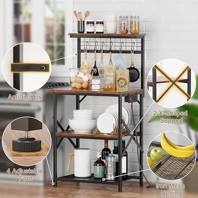 Kitchen Bakers Rack with Power Outlet, 4-Tier Microwave Stand with Storage, Coffee Bar Table with Hooks – Rustic Brown