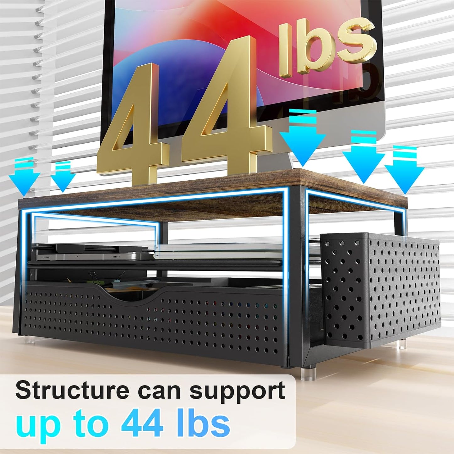 Wood Monitor Stand Riser with Drawer and Pen Holder – 2-Tier Desk Organizer Shelf for Computer, Laptop, and Office Supplies