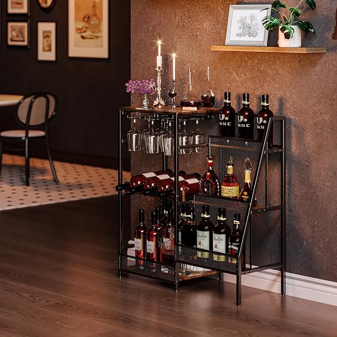 3-Tier Liquor Bar Stand with Wine Rack and Glass Holder
