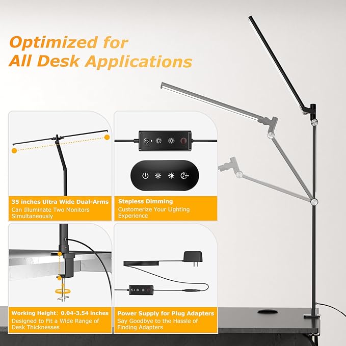 LED Desk Lamp with Remote, Dual Monitor Light, Stepless Dimming & Memory Function – Black