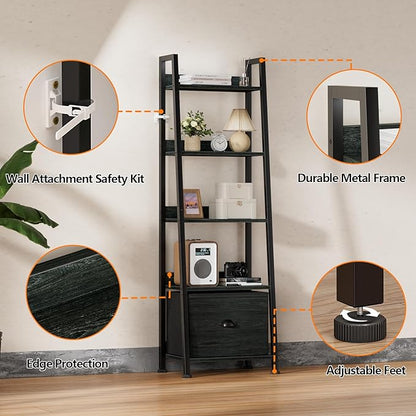 5-Tier Ladder Shelf with Drawer, Tall Narrow Bookshelf Storage Rack for Living Room, Bedroom, Home Office – Black Oak