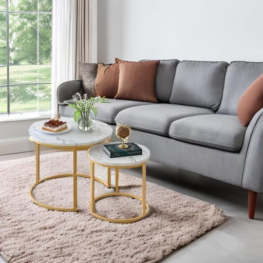 Nesting Coffee Table Set of 2, Round Marble Pattern with Gold Frame for Living Room & Bedroom