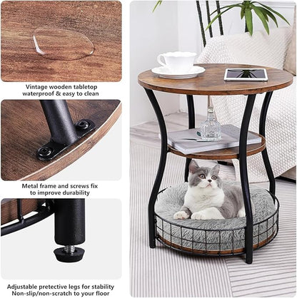 Round 3-Tier Side Table with Storage Shelves, Rustic Brown