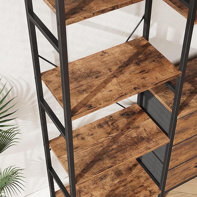 Triple Bookshelf with Fabric Drawers, 4-Tier Storage and Display Shelves, Rustic Brown