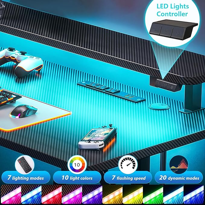 32" Gaming Desk with LED Lights, Power Outlets & Monitor Shelf, Carbon Fiber Texture