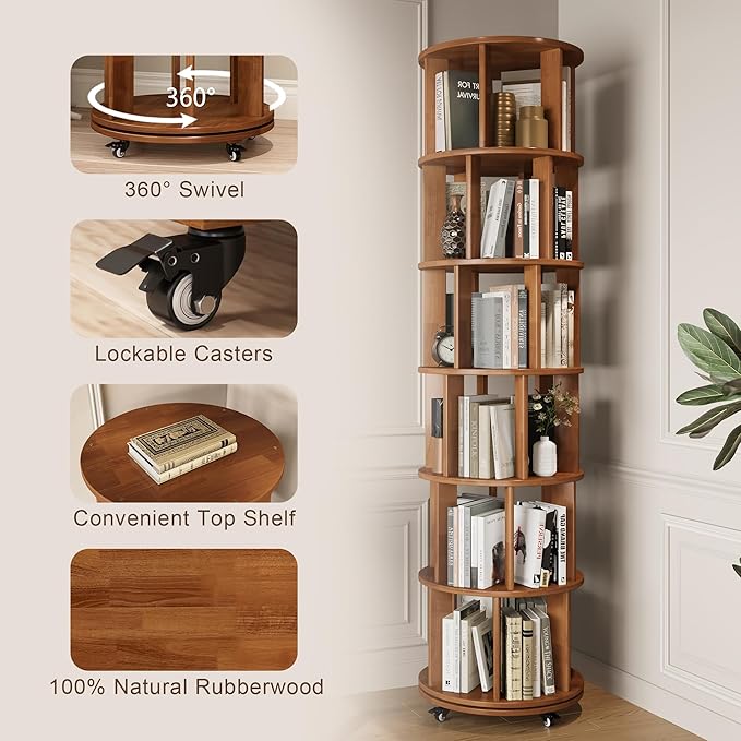 6-Tier Rotating Bookshelf with Wheels, Space-Saving Wooden Bookcase Tower