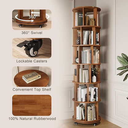 6-Tier Rotating Bookshelf with Wheels, Space-Saving Wooden Bookcase Tower