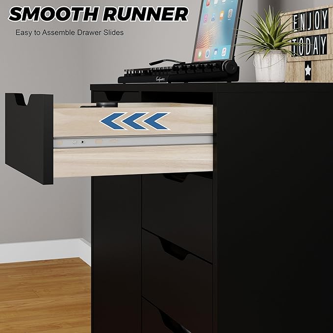 5-Drawer Chest with Door – Wooden Storage Dresser Cabinet on Wheels, Black