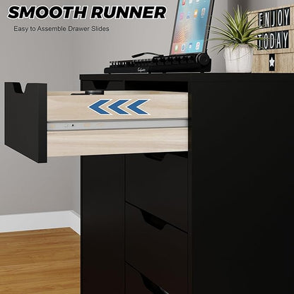 5-Drawer Chest with Door – Wooden Storage Dresser Cabinet on Wheels, Black