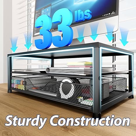2-Tier Monitor Stand Riser with Drawer and Pen Holders – Desk Organizer and Laptop Stand for Office Supplies (Black)