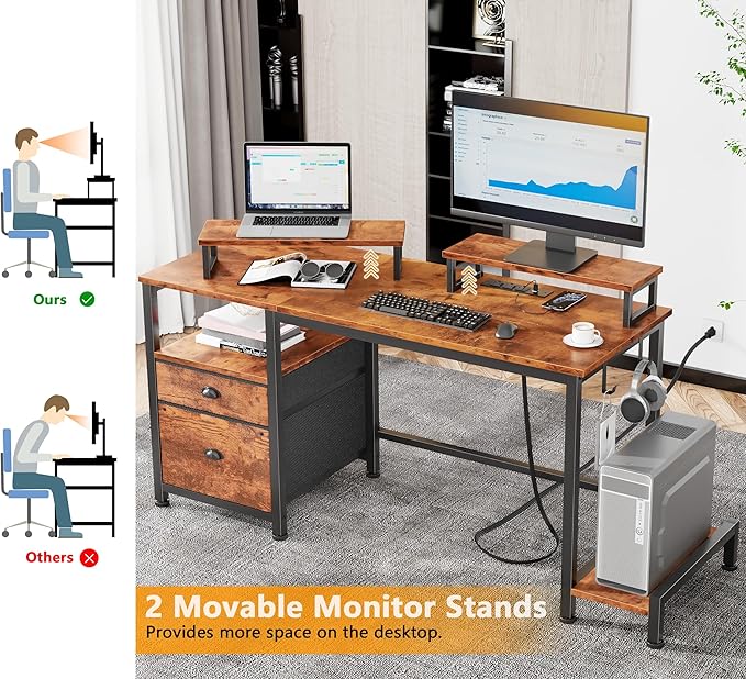 Home Office Desk with Monitor Stands, Drawer & Shelves, Rustic Broen