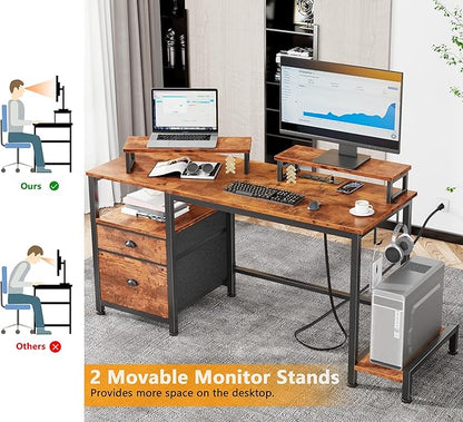Home Office Desk with Monitor Stands, Drawer & Shelves, Rustic Broen