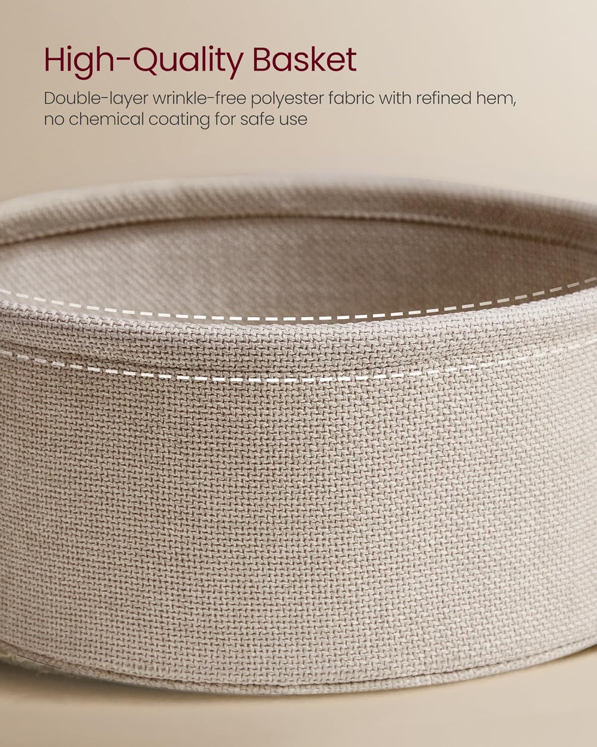 Small Round Side Table with Fabric Basket, Modern Nightstand, White and Brown