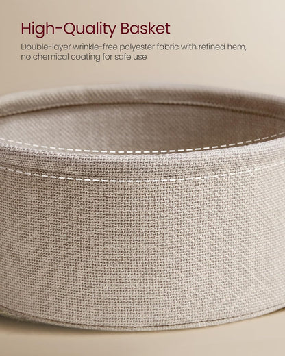 Small Round Side Table with Fabric Basket, Modern Nightstand, White and Brown