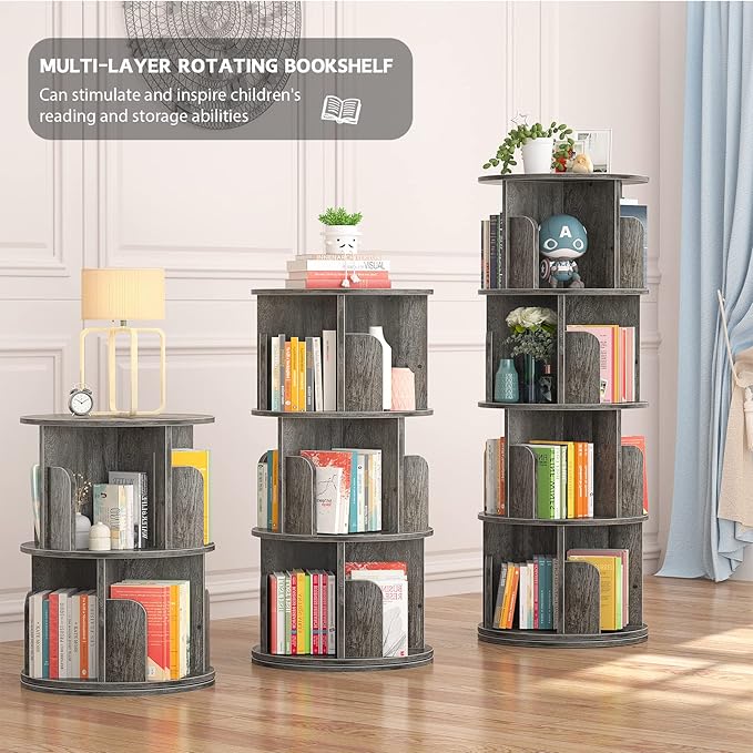 Rotating 4-Tier Bookshelf, 360° Corner Bookcase Storage Rack for Small Spaces, Grey Oak