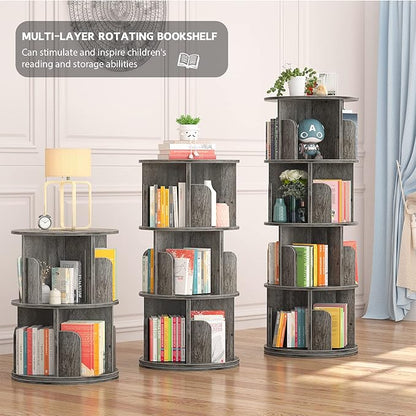 Rotating 4-Tier Bookshelf, 360° Corner Bookcase Storage Rack for Small Spaces, Grey Oak