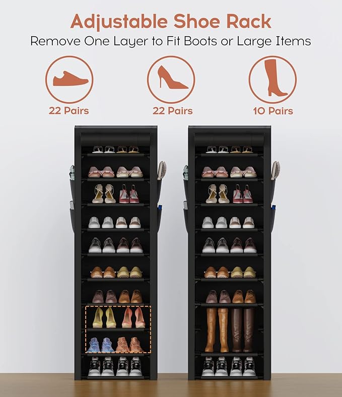 10-Tier Vertical Shoe Rack with Dust Cover – Tall Narrow Closet Organizer, Black