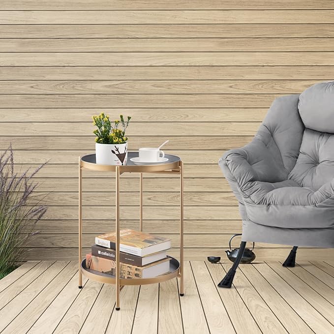 2-Tier Round Folding Side Table with Removable Tray, Gold & Grey