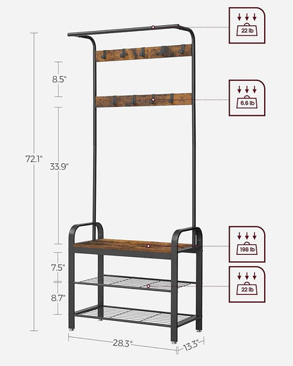Hall Tree with Shoe Bench and Coat Rack, 4-in-1 Entryway Organizer with Hooks and Hanging Rod, Rustic Brown/Black