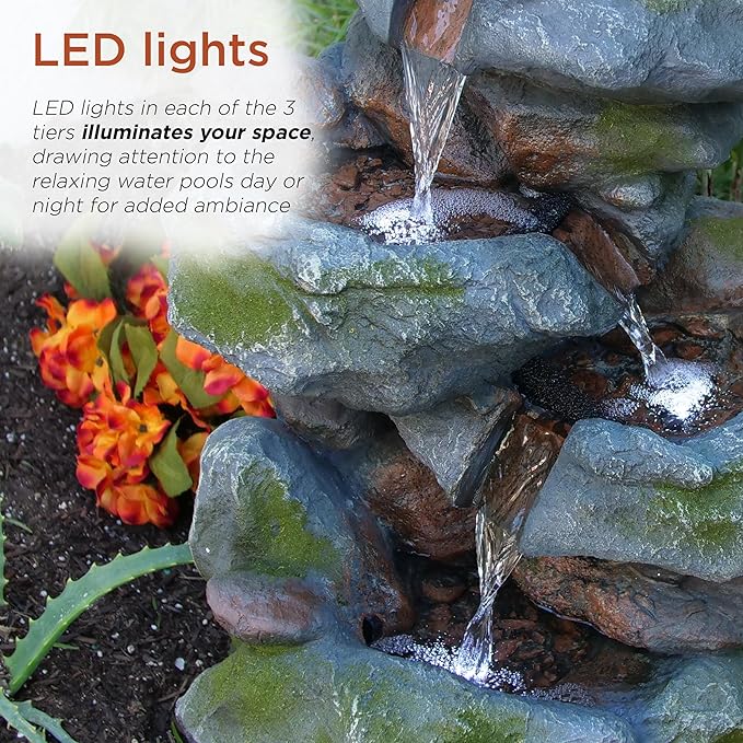 3-Tier Rock Waterfall Fountain with LED Lights – 22" Outdoor Garden & Patio Decor, Gray