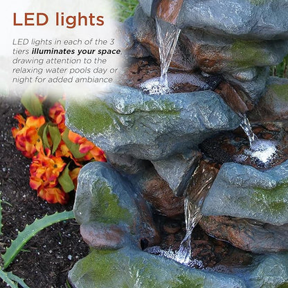 3-Tier Rock Waterfall Fountain with LED Lights – 22" Outdoor Garden & Patio Decor, Gray