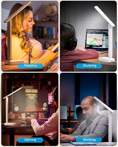 LED Desk Lamp with Power Strip, 5ft Cord, 3 Outlets, 4 USB Ports, Touch Control, Adjustable Light, White
