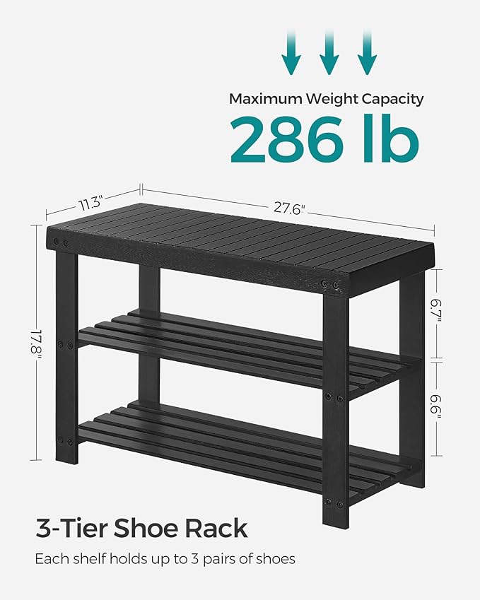 3-Tier Bamboo Shoe Rack Bench with Storage, Black – Entryway Organizer and Seat