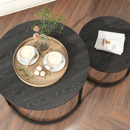 Round Nesting Coffee Table Set of 2 – Living Room End Tables with Metal Frame, Black